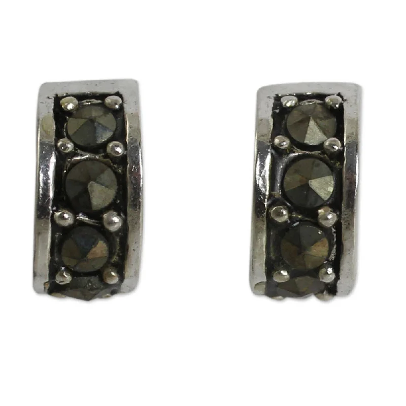 Rounded stone earrings-Handmade Sterling Silver 'Ever Happy' Marcasite Earrings (Thailand)