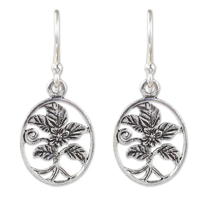 Offset stone earrings-Handmade Sterling Silver 'Hollyhocks' Earrings (Thailand)