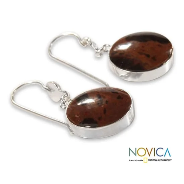 Dimpled earrings-Handmade Sterling Silver 'Inca Moons' Mahogany Obsidian Earrings (Peru)