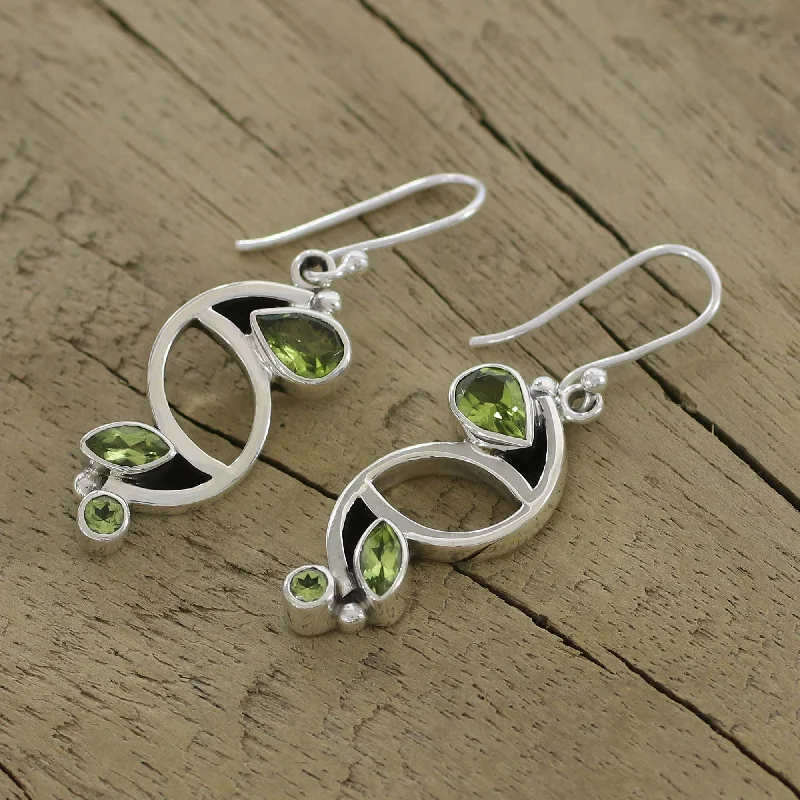 Natural sapphire earrings-Handmade Sterling Silver Intricate Harmony Peridot Dangle Earrings (India)