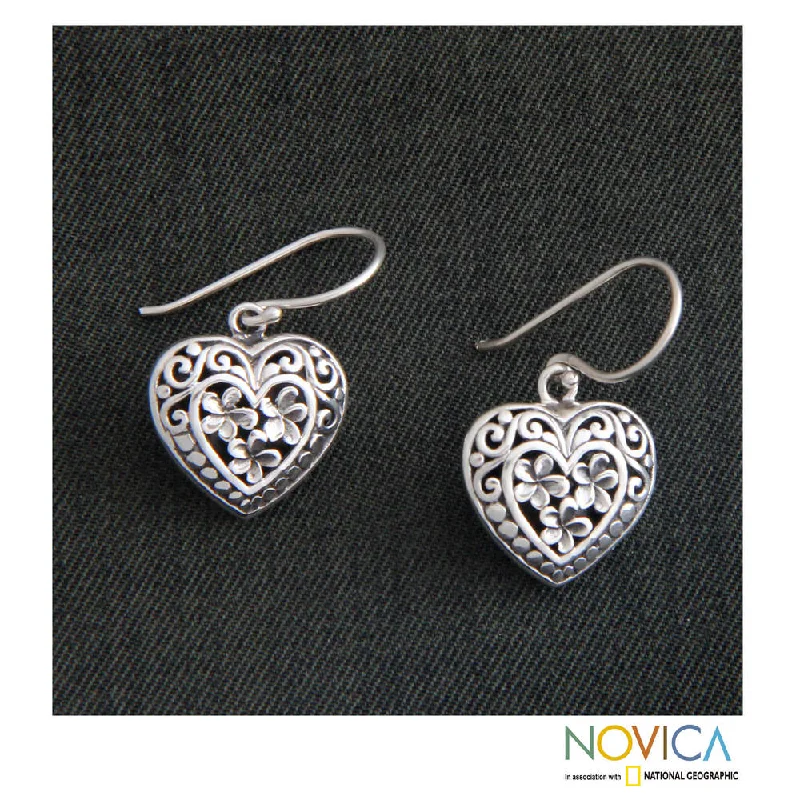 Solid-set pave earrings-Handmade Sterling Silver 'Loyal Hearts' Earrings (Indonesia)