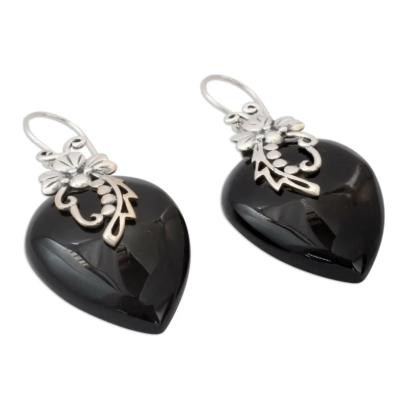 Wire-curve earrings-Handmade Sterling Silver 'Midnight Magic' Onyx Earrings (India) - 1.7L*1W