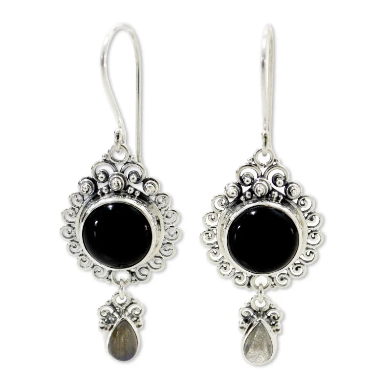 Icy topaz earrings-Handmade Sterling Silver 'Midnight Tears' Onyx and Labradorite Earrings (Bali)