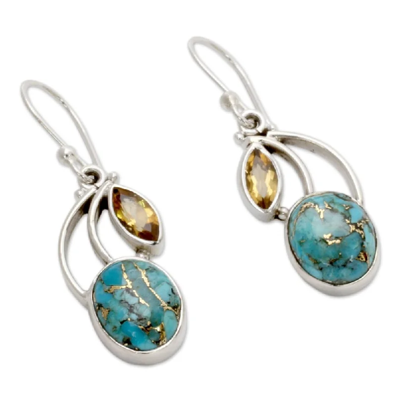 Crest motif earrings-Handmade Sterling Silver Mystique Citrine Turquoise Dangling Earrings (India)