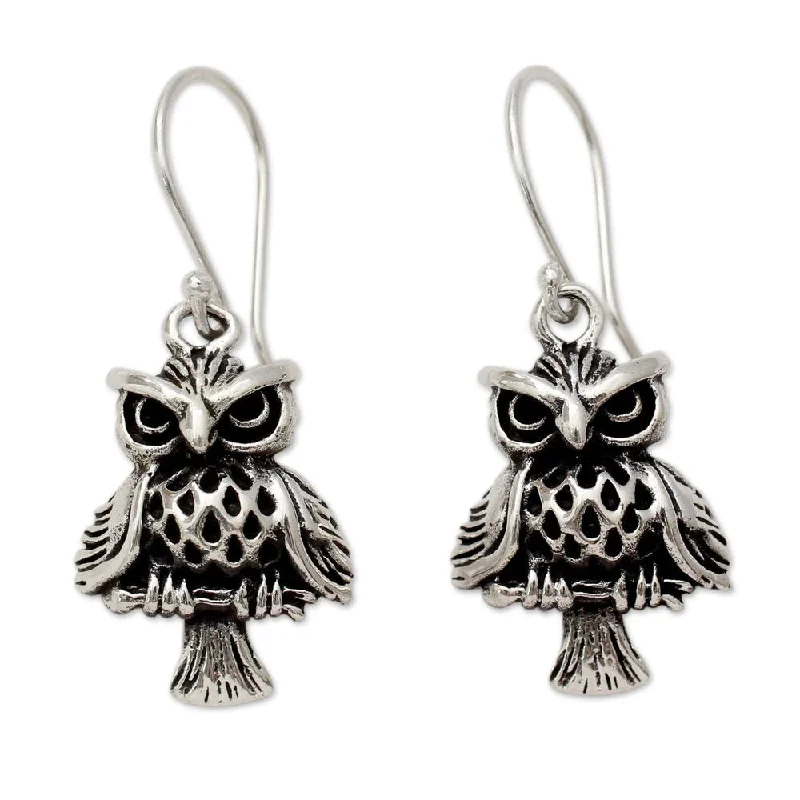 Tesselated design earrings-Handmade Sterling Silver 'Owl at Midnight' Earrings (India)