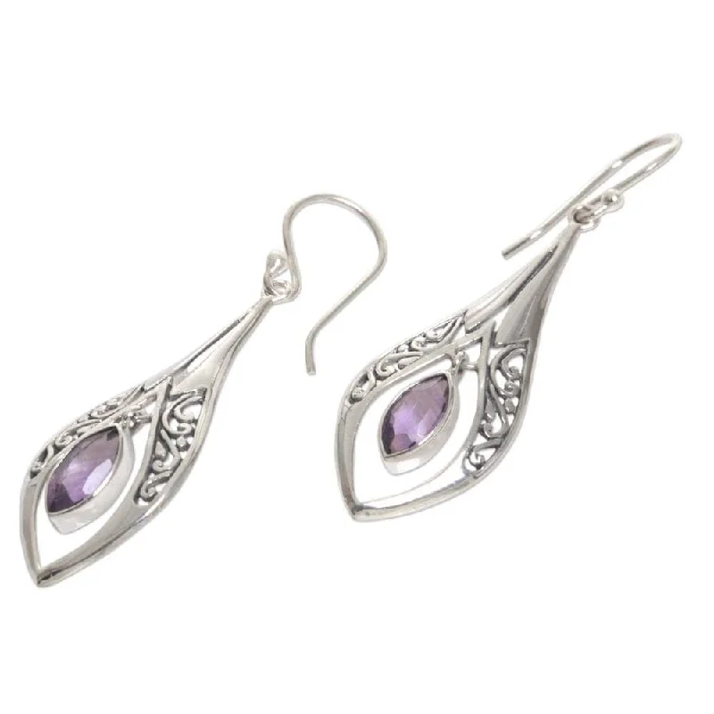 Clasped gem earrings-Handmade Sterling Silver 'Purple Teardrops' Amethyst Earrings (Indonesia) - 2.2*0.6