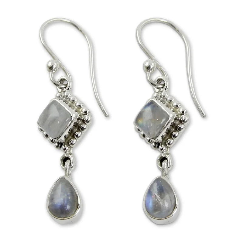 Full sapphire earrings-Handmade Sterling Silver 'Queen of Diamonds' Rainbow Moonstone Earrings (India)