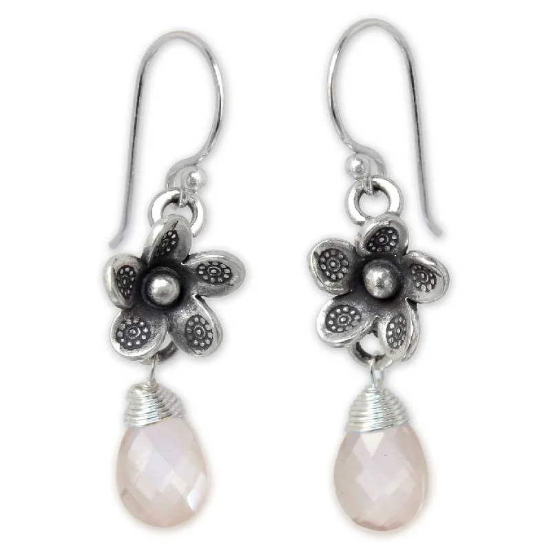 Shiny gem earrings-Handmade Sterling Silver 'Rainforest Roses' Rose Quartz Earrings (Thailand)