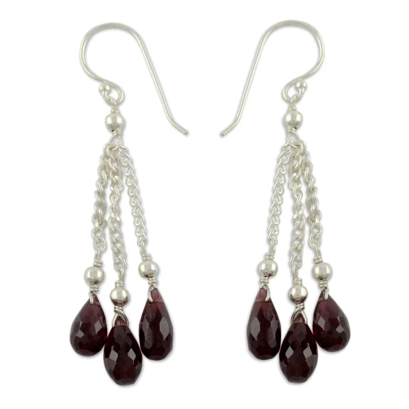 Icy aquamarine earrings-Handmade Sterling Silver Sparkling Wine Garnet Earrings (India) - 2.0" L x 0.2" W