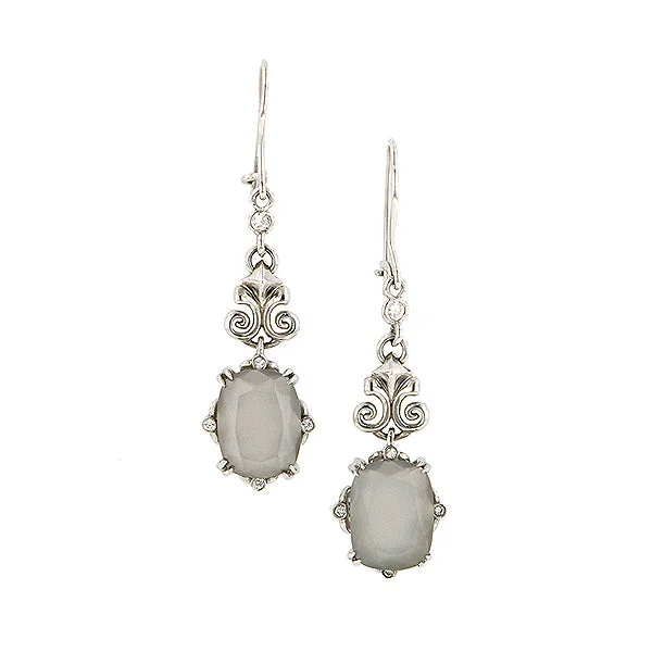 Open-slot earrings-Cushion Moonstone & Diamond Drop Earrings- Heirloom by Doyle & Doyle