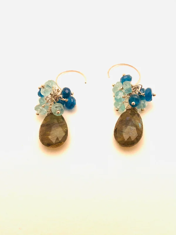 Satin gold earrings-Labradorite, Blue and Teal Apatite Earrings