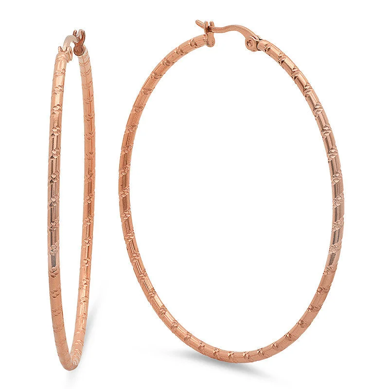 Ridge-set earrings-Ladies 18 Kt Rose Gold Plated Etched Hoop Earrings 55mm