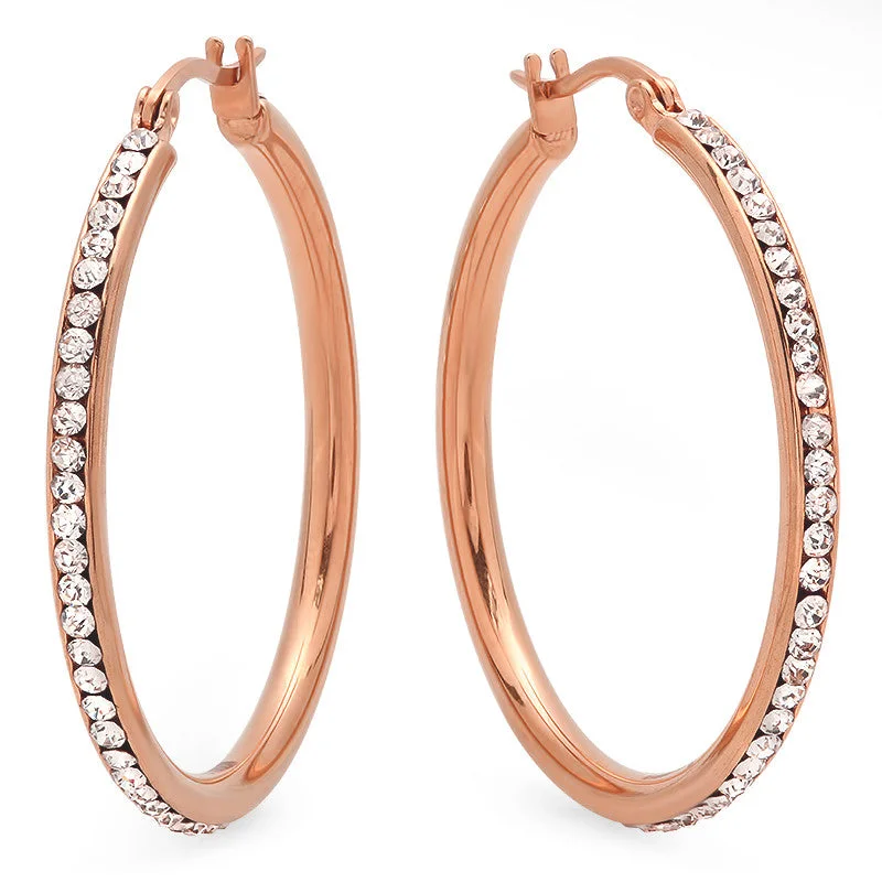 Patterned glaze earrings-Ladies 18 Kt Rose Gold Plated Hoop Earrings with Simulated Diamonds 40mm