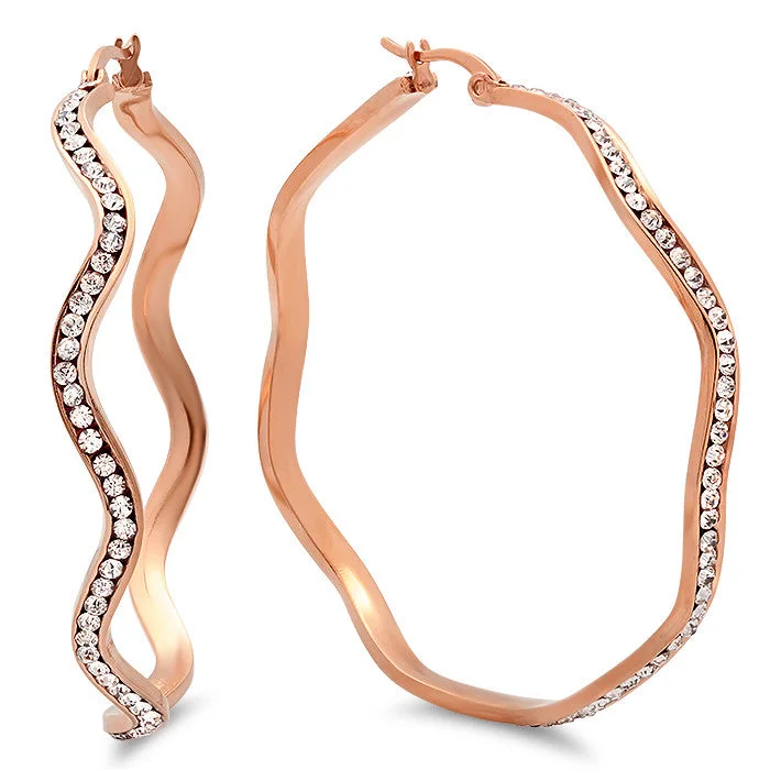 Crafted gold earrings-Ladies 18 Kt Rose Gold Plated Wavy Hoop Earrings With Simulated Diamonds