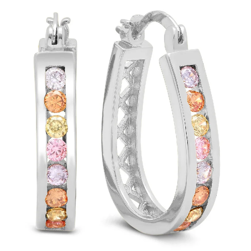 Hand-grooved earrings-Ladies 18k white gold plated multicolored hoop earrings