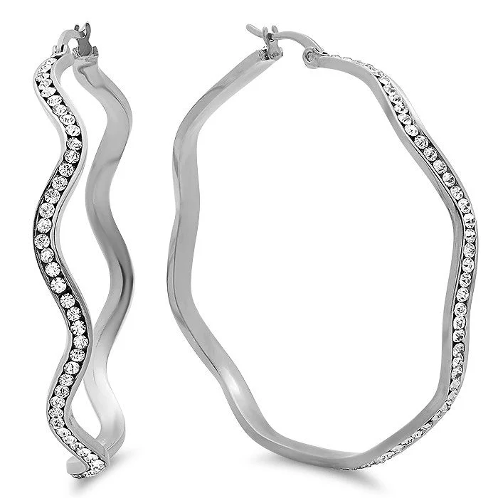 Offset stone earrings-Ladies Stainless Steel Hoop Earrings With Simulated Diamonds 55MM