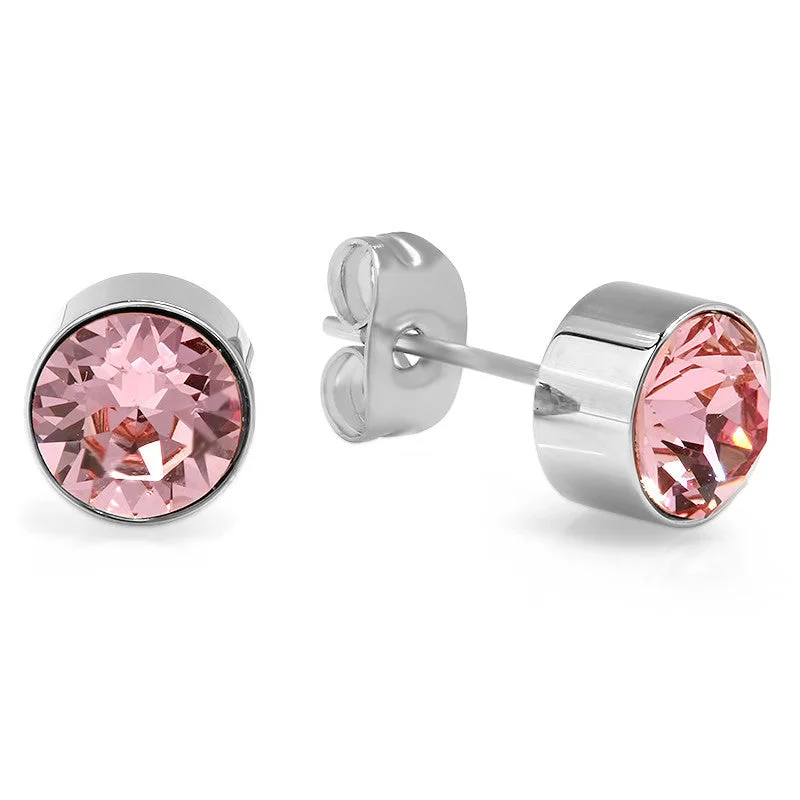 Glossy obsidian earrings-Ladies Stainless Steel Pink Swarovski Stud Earrings