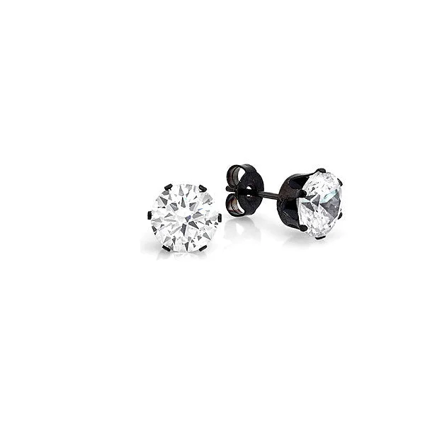 Shimmering stone earrings-Stainless Steel Round Stud Earrings with Black Setting