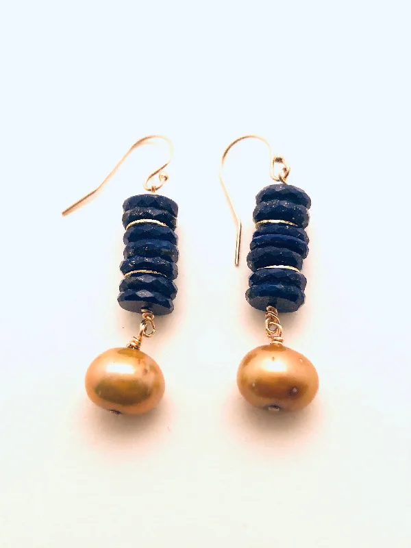 Crafted gold earrings-Lapis, 22k Vermeil Discs, Gold Fresh Water Pearl Earrings