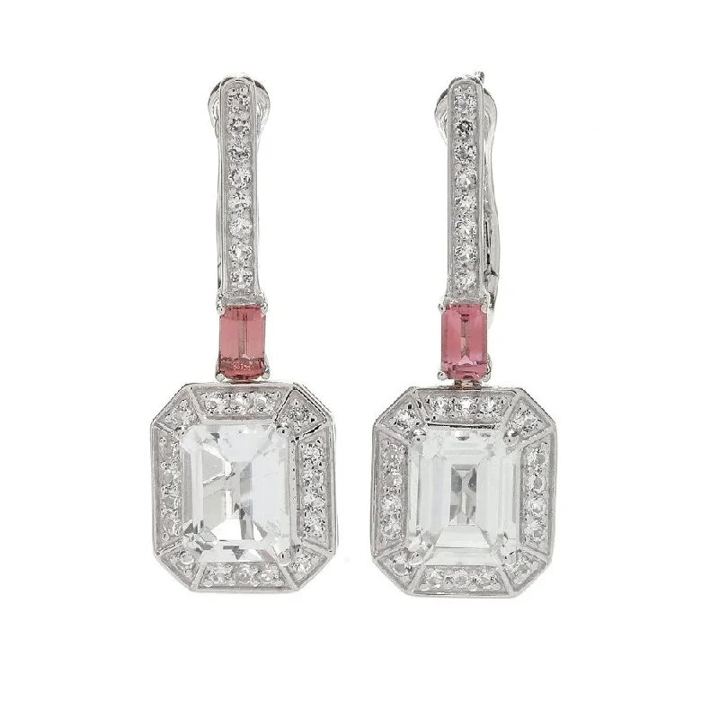 Ruffled rim earrings-Legacy Sterling Silver 1.25" White Topaz & Pink Tourmaline Earrings