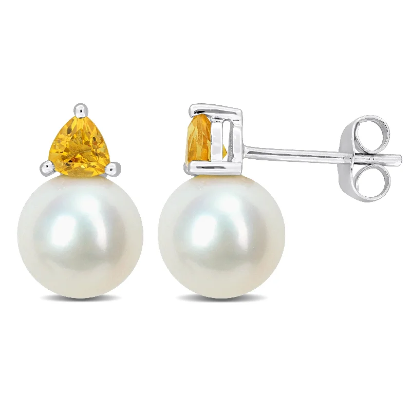 Subtle-carved earrings-Miadora 8-8.5mm Cultured Freshwater Pearl and 2/5ct TGW Citrine Stud Earrings in 10k White Gold - 13 mm x 8.5 mm x 8.5 mm