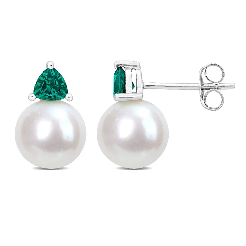 Satin titanium earrings-Miadora 8-8.5mm Cultured Freshwater Pearl and 2/5ct TGW Created Emerald Stud Earrings in 10k White Gold