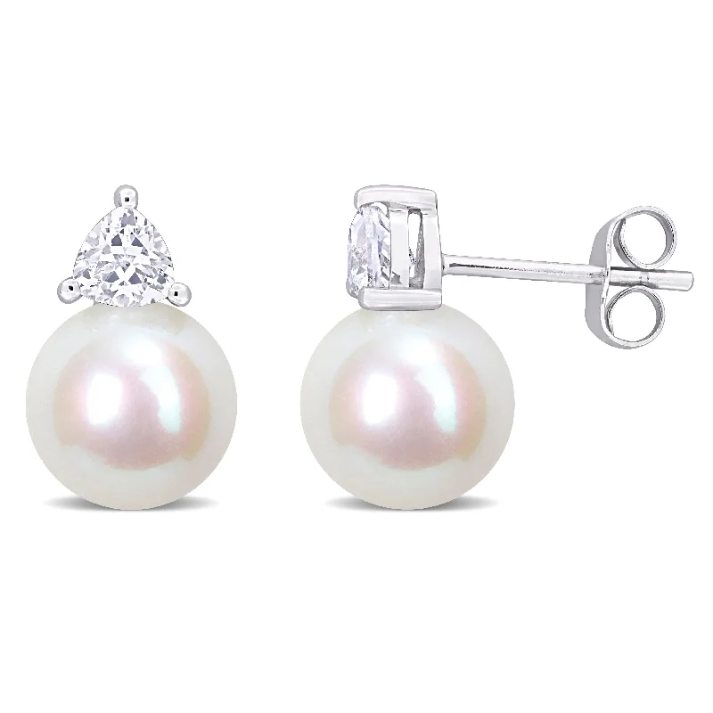 Subtle-carved earrings-Miadora 8-8.5mm Cultured Freshwater Pearl and 3/4ct TGW Created White Sapphire Stud Earrings in 10k White Gold