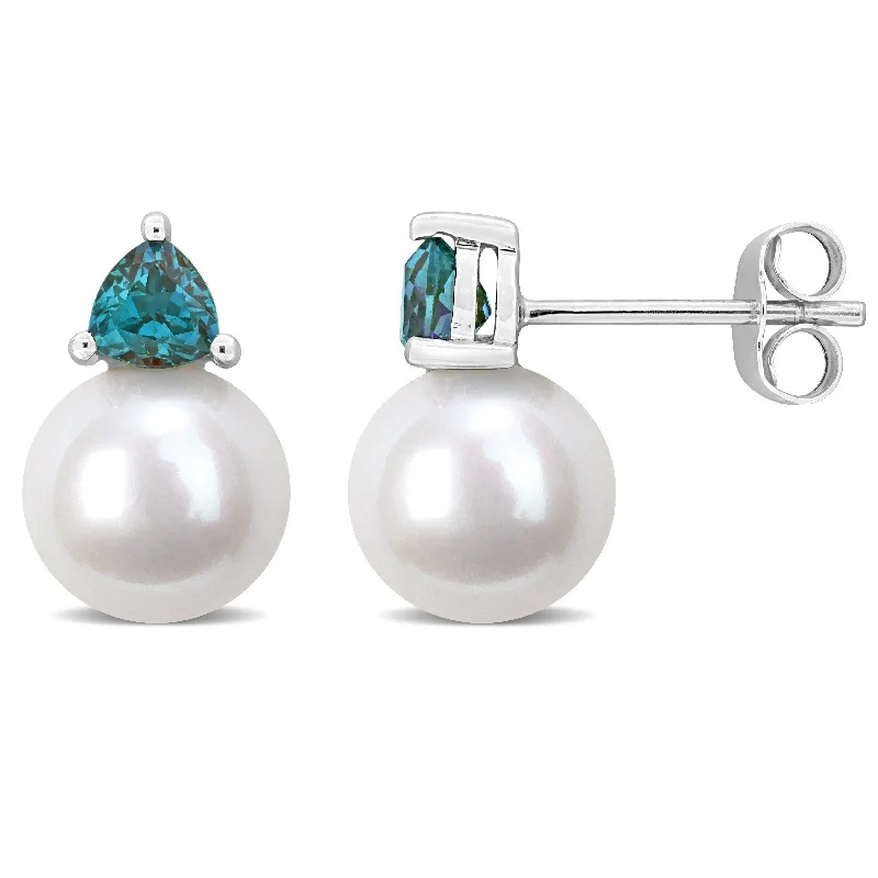 Vintage-edge earrings-Miadora 8-8.5mm Cultured Freshwater Pearl and 3/5ct TGW Created Alexandrite Stud Earrings in 10k White Gold