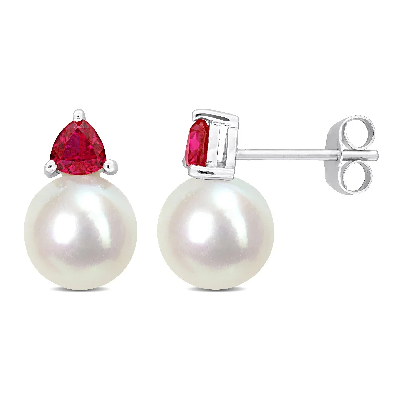 Elevated stone earrings-Miadora 8-8.5mm Cultured Freshwater Pearl and 3/5ct TGW Created Ruby Stud Earrings in 10k White Gold - 13 mm x 8.5 mm x 8.5 mm