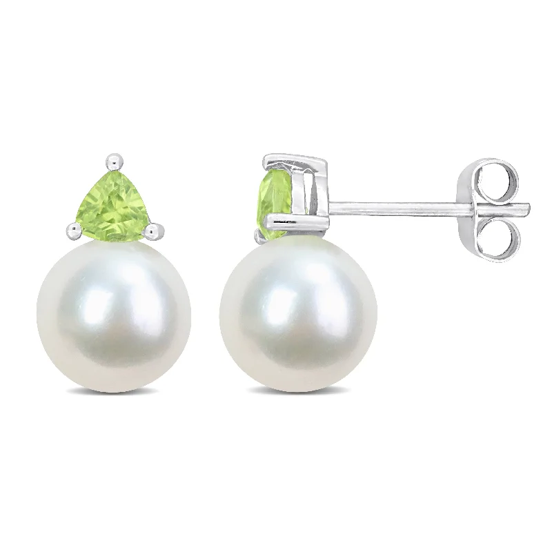 Horizon-cut earrings-Miadora 8-8.5mm Cultured Freshwater Pearl and 3/5ct TGW Peridot Stud Earrings in 10k White Gold - 13 mm x 8.5 mm x 8.5 mm