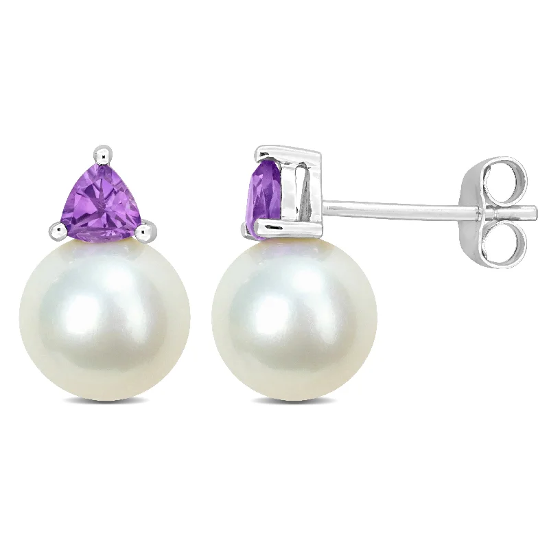 Crafted gold earrings-Miadora 8-8.5mm Cultured Freshwater Pearl and 3/8ct TGW Amethyst Stud Earrings in 10k White Gold - 13 mm x 8.5 mm x 8.5 mm