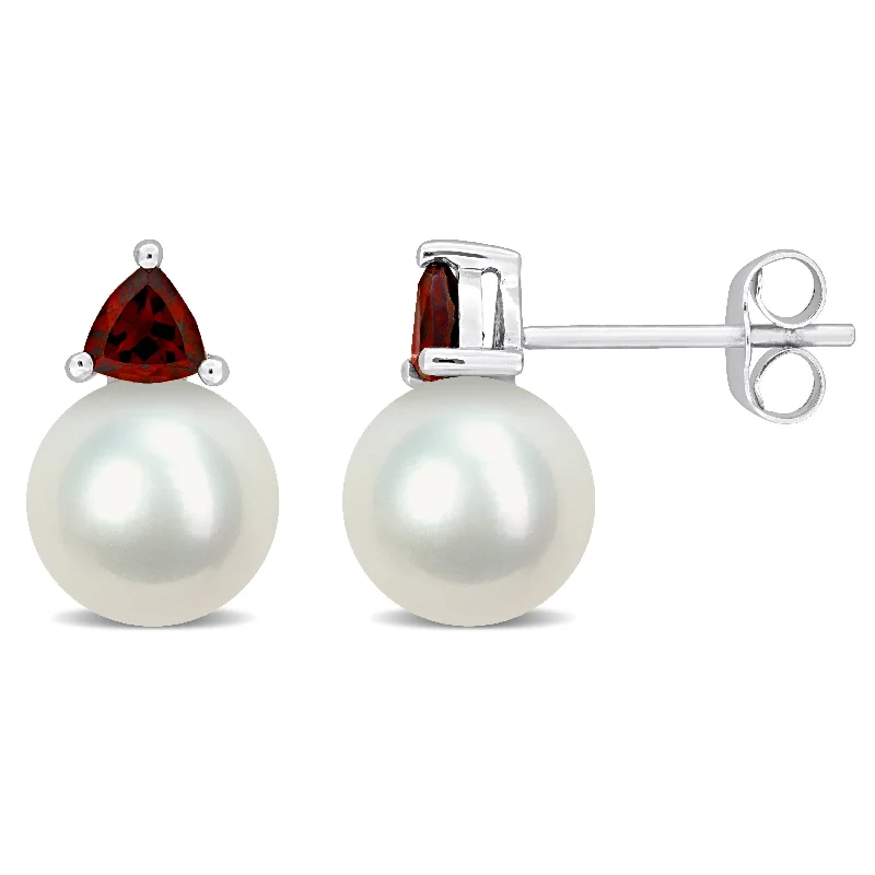 Hovering stone earrings-Miadora 8-8.5mm Cultured Freshwater Pearl and 5/8ct TGW Garnet Stud Earrings in 10k White Gold - 13 mm x 8.5 mm x 8.5 mm