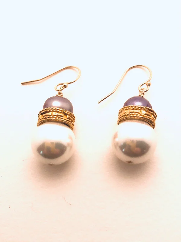 Deep obsidian earrings-Mother of Pearl with Lilac Pearl and Jewelers Brass Ring Earrings