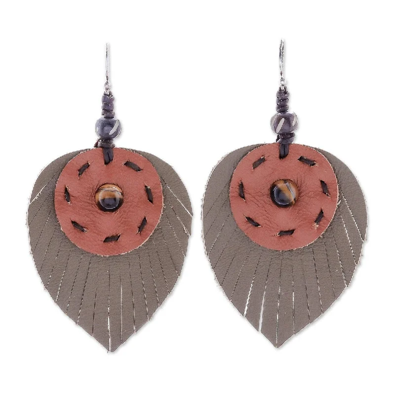 Broad-level earrings-NOVICA Aurora Leaves, Tiger's eye and leather dangle earrings - 2.8*1.6