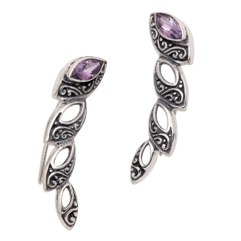 Soft curve earrings-NOVICA Climbing Marquise in Purple, Sterling silver and amethyst ear climber earrings - 1L*0.3W