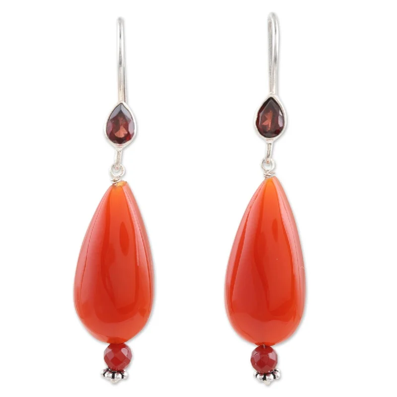 Deep emerald earrings-NOVICA Fan the Flame, Carnelian and garnet dangle earrings - 2.1*0.5