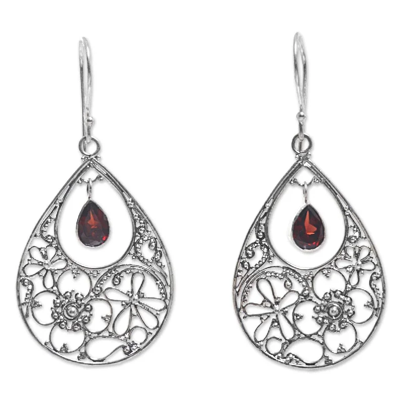 Subtle arc earrings-NOVICA Floral Days, Garnet dangle earrings - 2*0.9