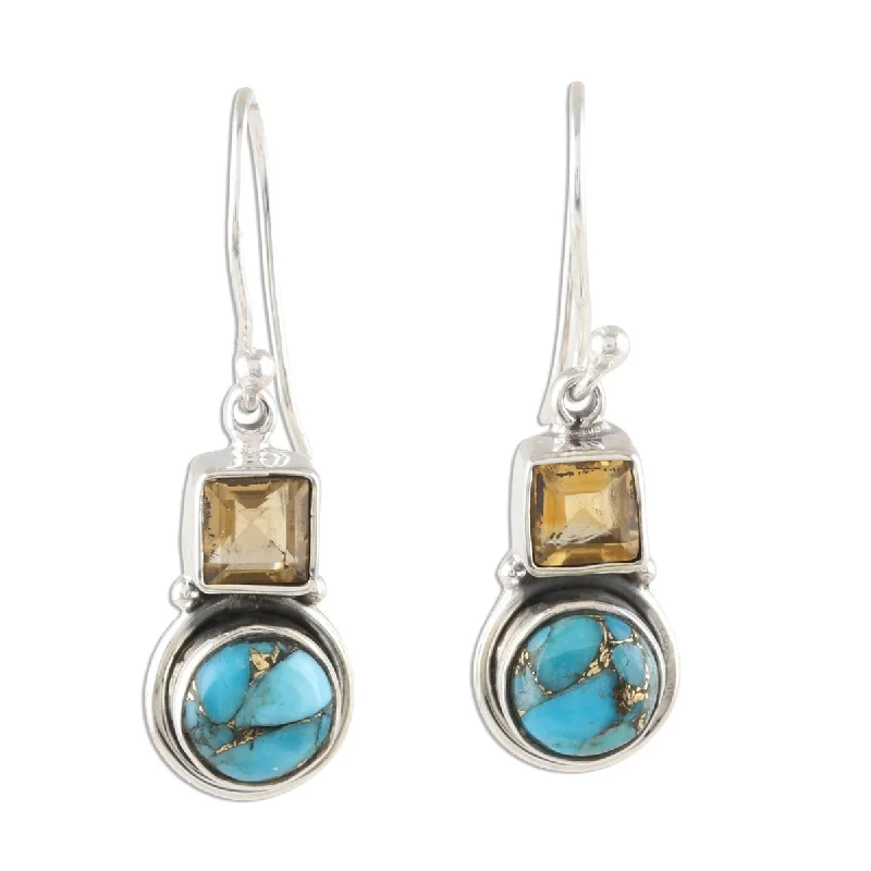 Heavy gold earrings-NOVICA Glittering Combo, Citrine and composite turquoise dangle earrings - 1.1*0.3