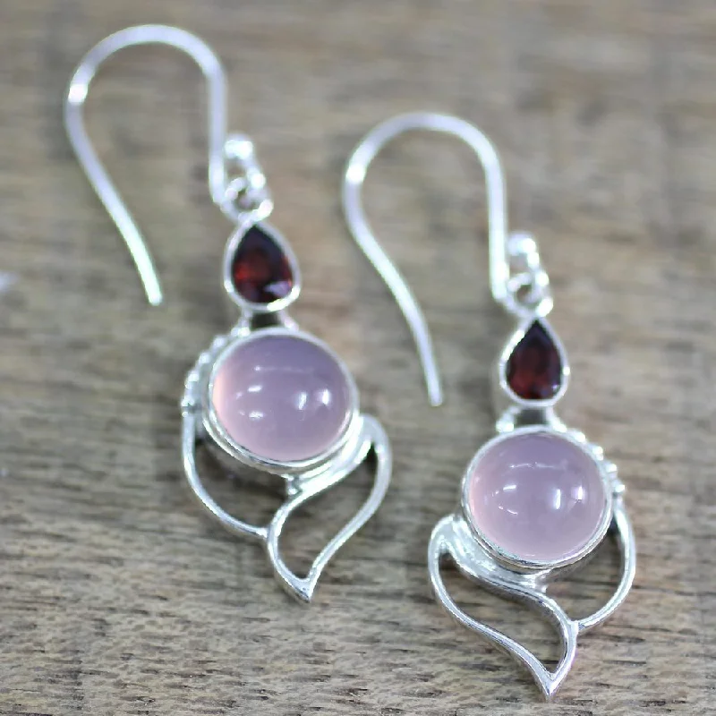 Engraved initial earrings-NOVICA Handmade Pink Crest Sterling Silver Garnet Chalcedony Earrings (India) - 1.8*0.6