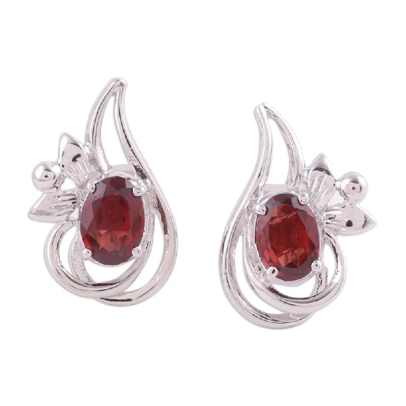 Natural garnet earrings-NOVICA Handmade Rhodium Plated Garnet Button Earrings, 'Classic Paisley' (India) - 0.7*0.4