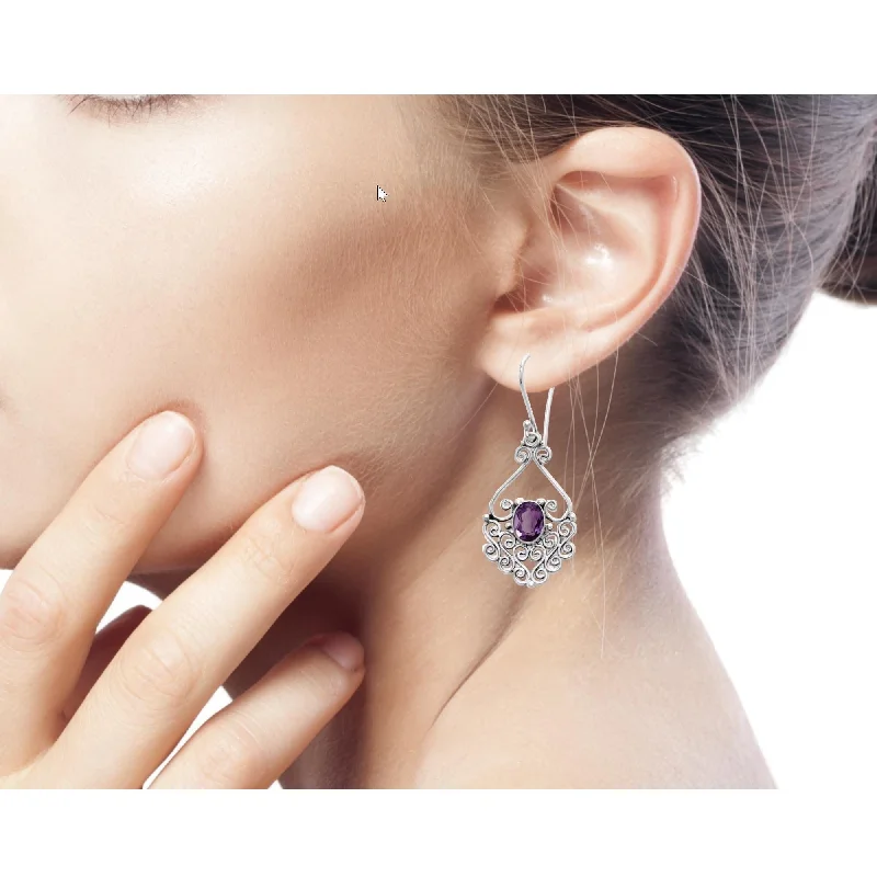 Swirled design earrings-NOVICA Handmade Sterling Silver 'Bali Dynasty' Amethyst Filigree Earrings (Indonesia)