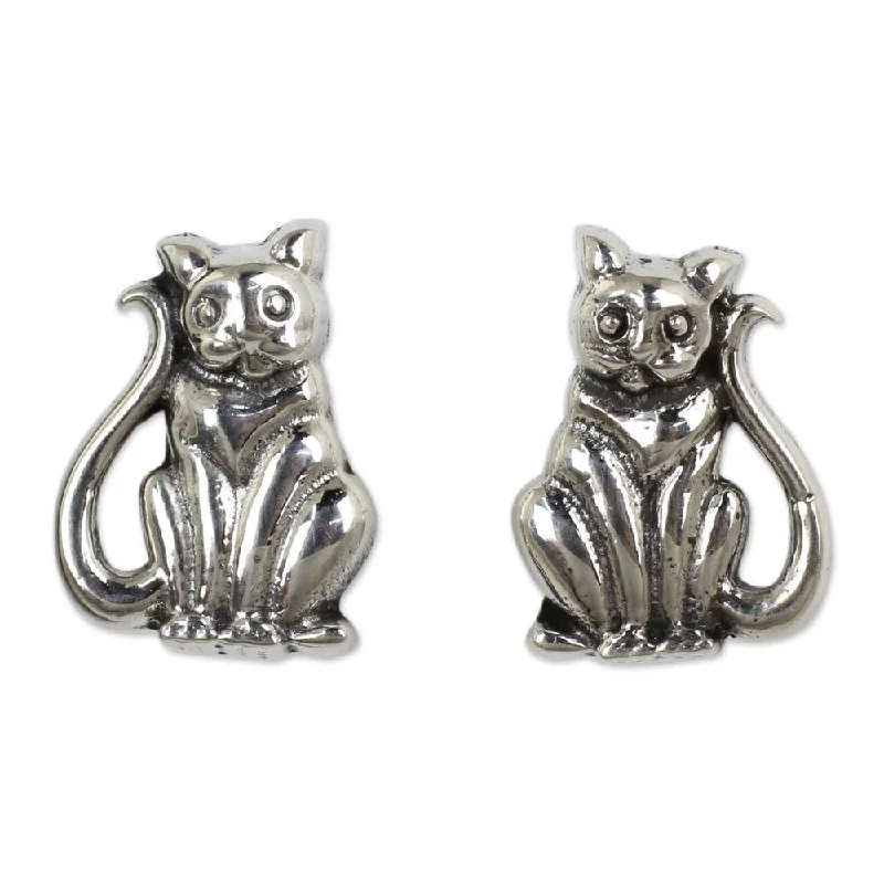 Pure pearl earrings-NOVICA Handmade Sterling Silver 'Contented Kittens' Earrings (Thailand)