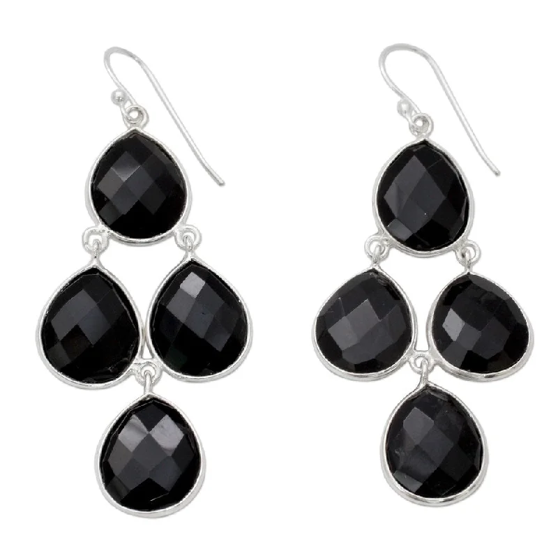 Stamped gem earrings-NOVICA Handmade Sterling Silver 'Midnight Chandelier' Onyx Earrings (India) - 2.4*1