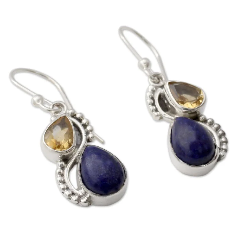 Polished steel earrings-NOVICA Handmade Sterling Silver Two Teardrops Lapis Lazuli Citrine Earrings (India)