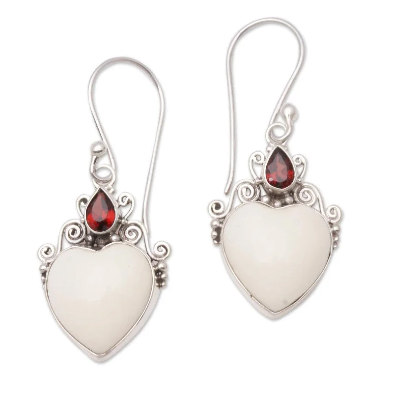 Shimmering platinum earrings-NOVICA Heart Passion, Garnet and bone dangle earrings - 1.7*0.7