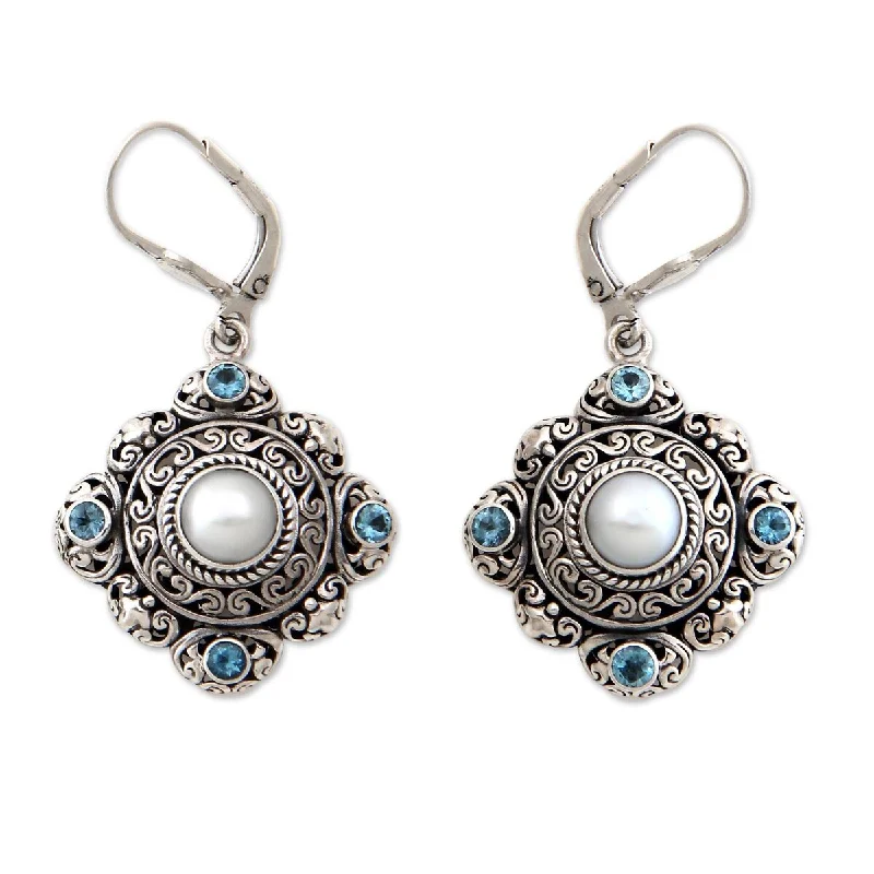 Sun glow earrings-NOVICA Mahameru, Cultured pearl and blue topaz dangle earrings - 2L*1W