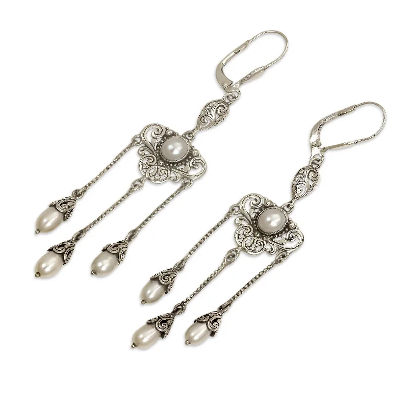 Inset gem earrings-NOVICA Moonlight Waltz, Cultured pearl chandelier earrings - 3.1L*0.7W