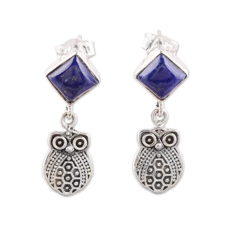 Shiny nickel earrings-NOVICA Royal Owls, Lapis lazuli dangle earrings