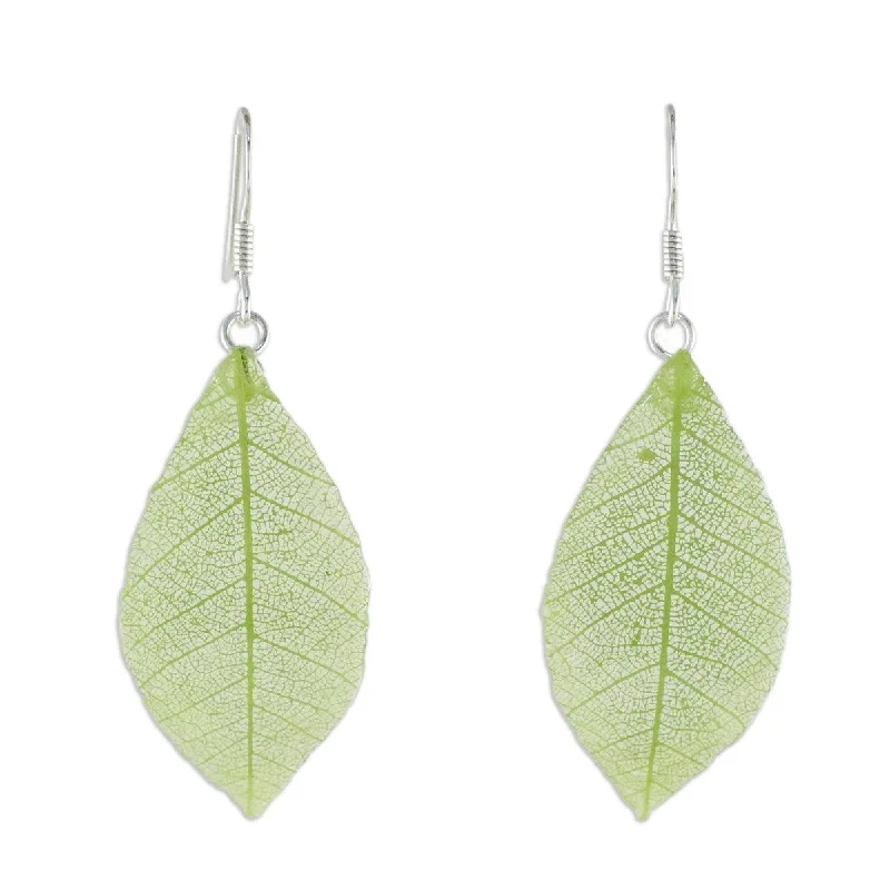 Crafted silver earrings-NOVICA Stunning Nature in Sap Green, Natural leaf dangle earrings - 2.2*0.8