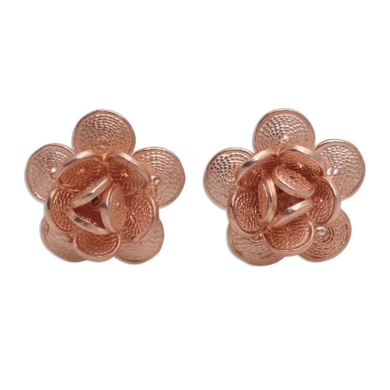 Shiny gem earrings-NOVICA Tiny Blossoms, Rose gold plated filigree button earrings - 0.4*0.4